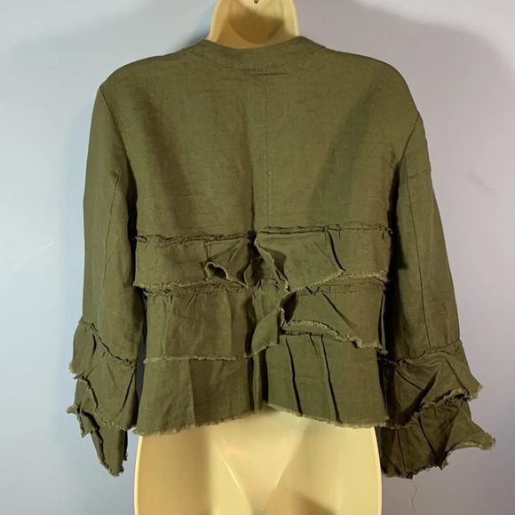 INC olive green 100% linen ruffled zip cardigan topper boho size PM layer jacket - Picture 5 of 10